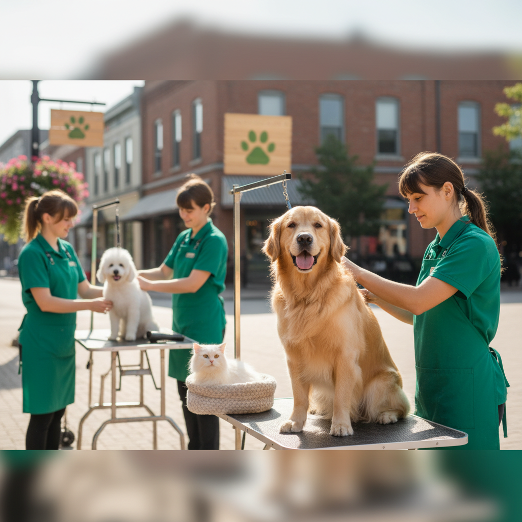 Freshly groomed golden retriever with shiny coat sitting on grooming table